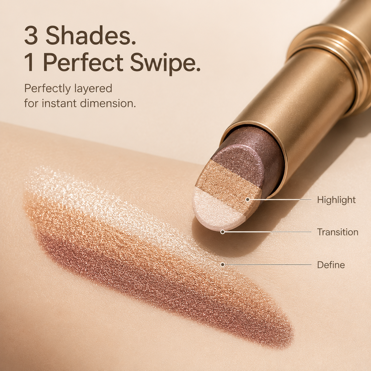 Three shade eyeshadow tip showing highlight transition and definition layers
