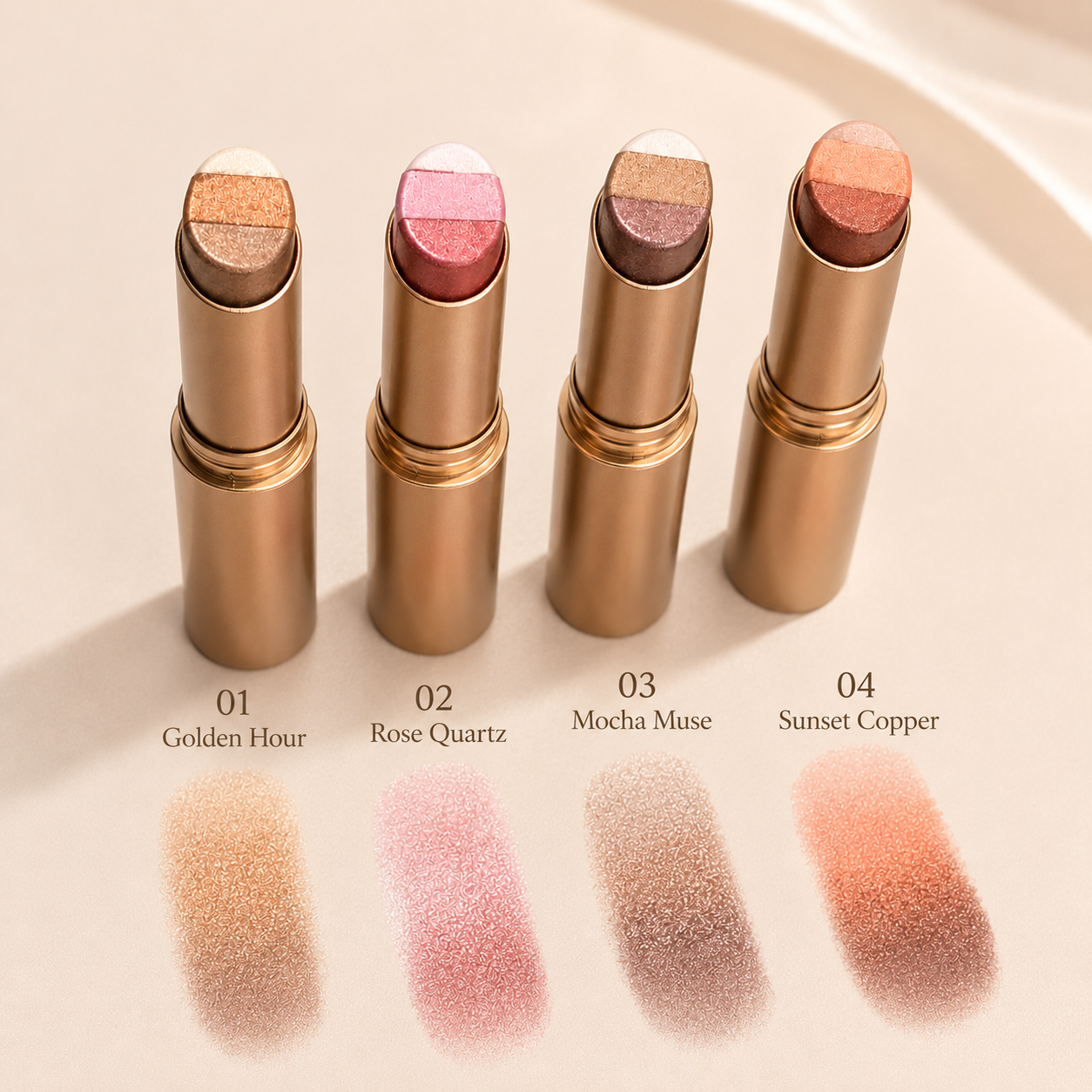 Four eyeshadow shades Golden Hour Rose Quartz Mocha Muse and Sunset Copper with swatches