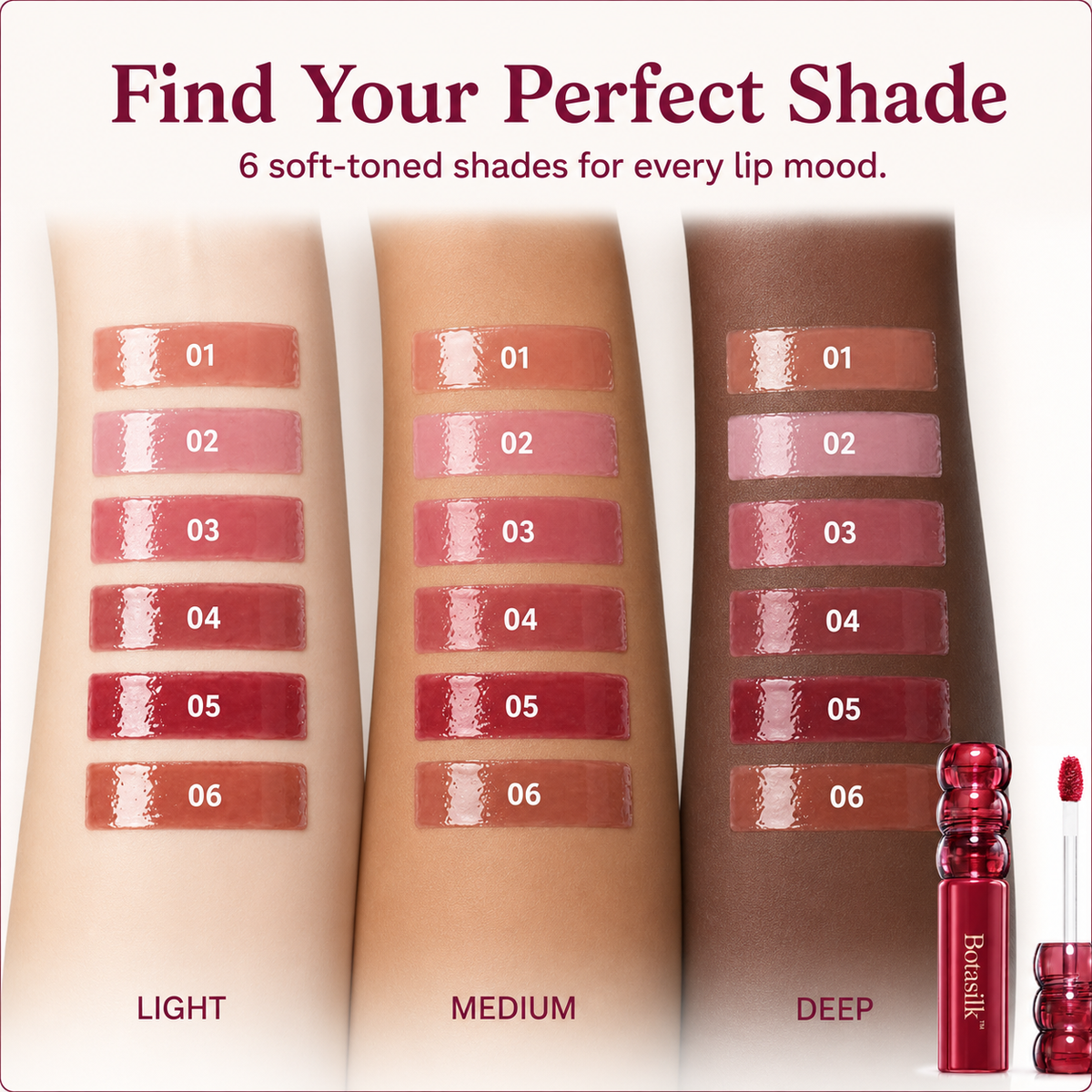 Botasilk shade finder swatch chart on light medium and deep skin tones