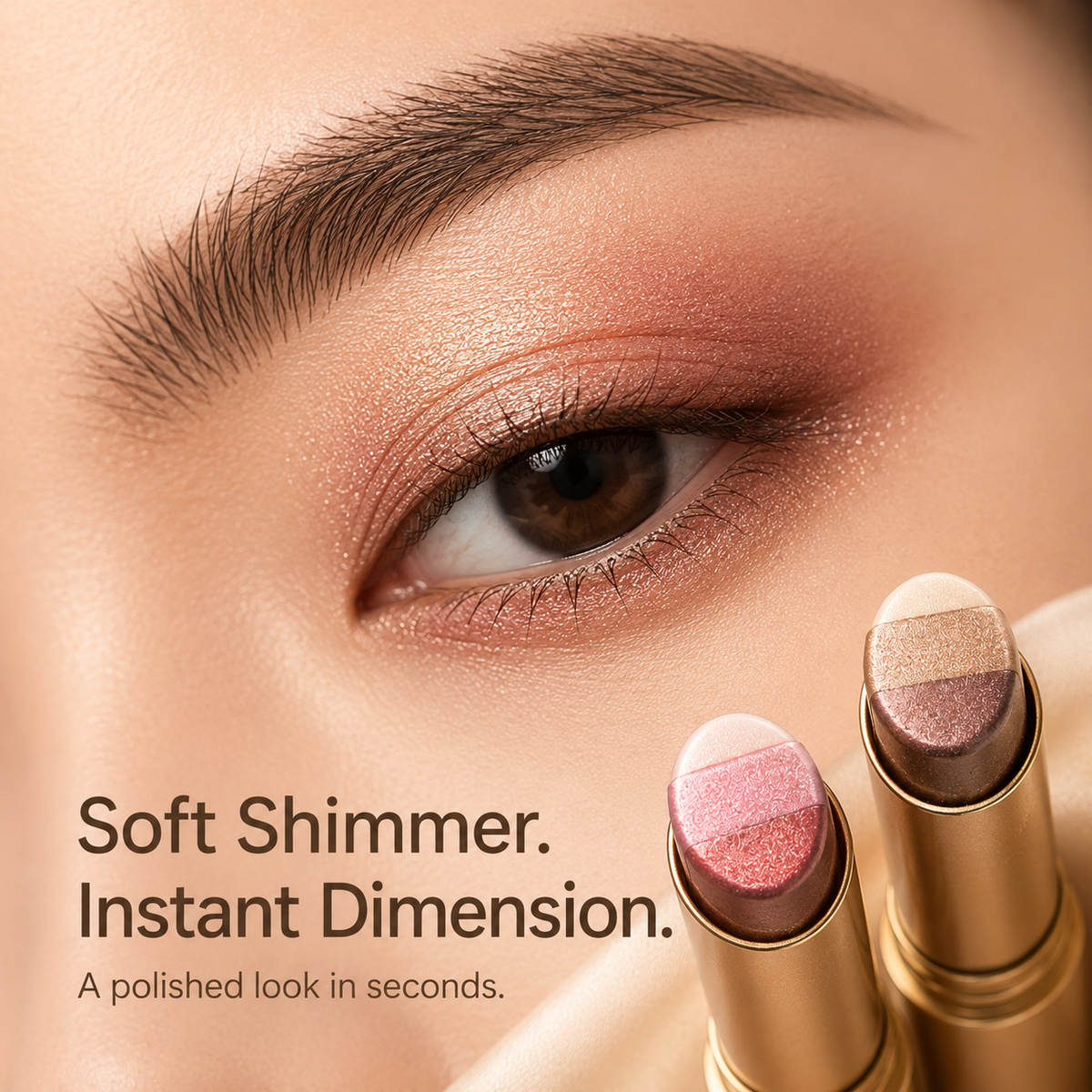 Finished soft shimmer eye makeup with two gradient eyeshadow sticks