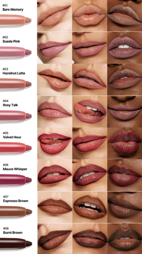 HZA lip liner shade chart across different skin tones
