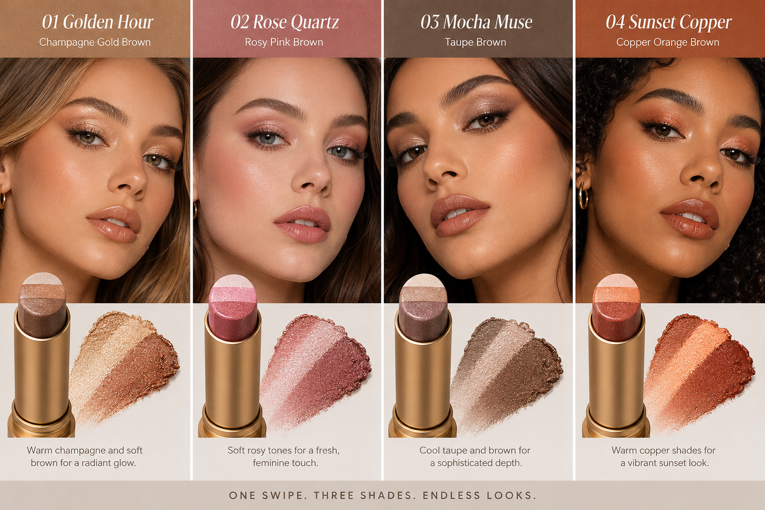 Comparison of all four 3-color eyeshadow shades and finished model looks