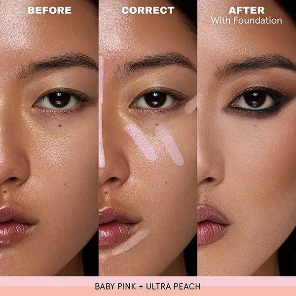 Color corrector before correct and after foundation comparison