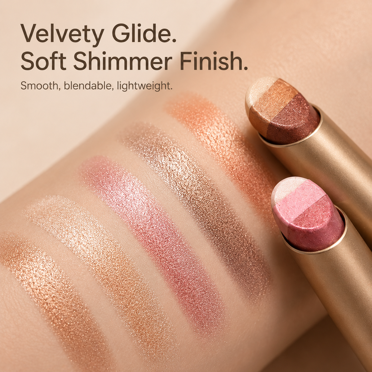 Velvety shimmer eyeshadow swatches in four wearable shades