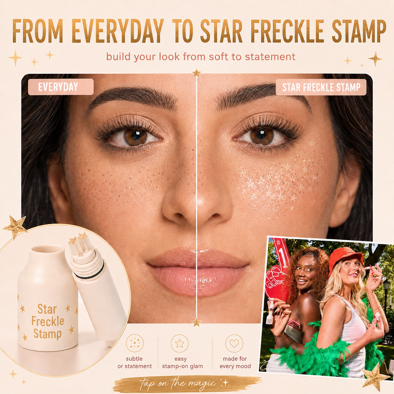 Everyday versus layered Star Freckle Stamp look