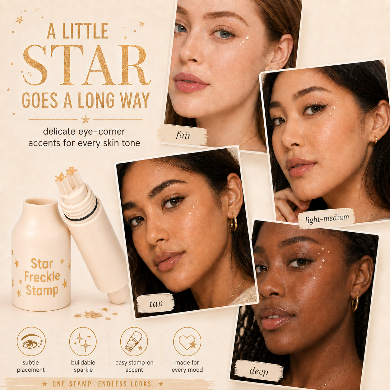 Star Freckle Stamp shown on fair, light-medium, tan and deep skin tones