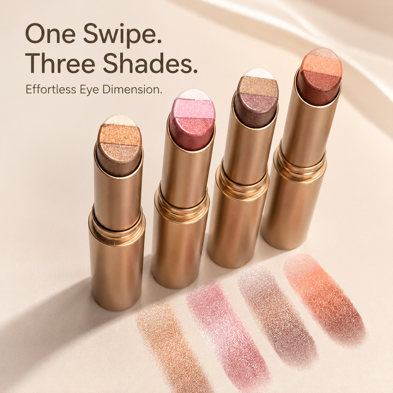 Four 3-color gradient eyeshadow sticks with matching shimmer swatches