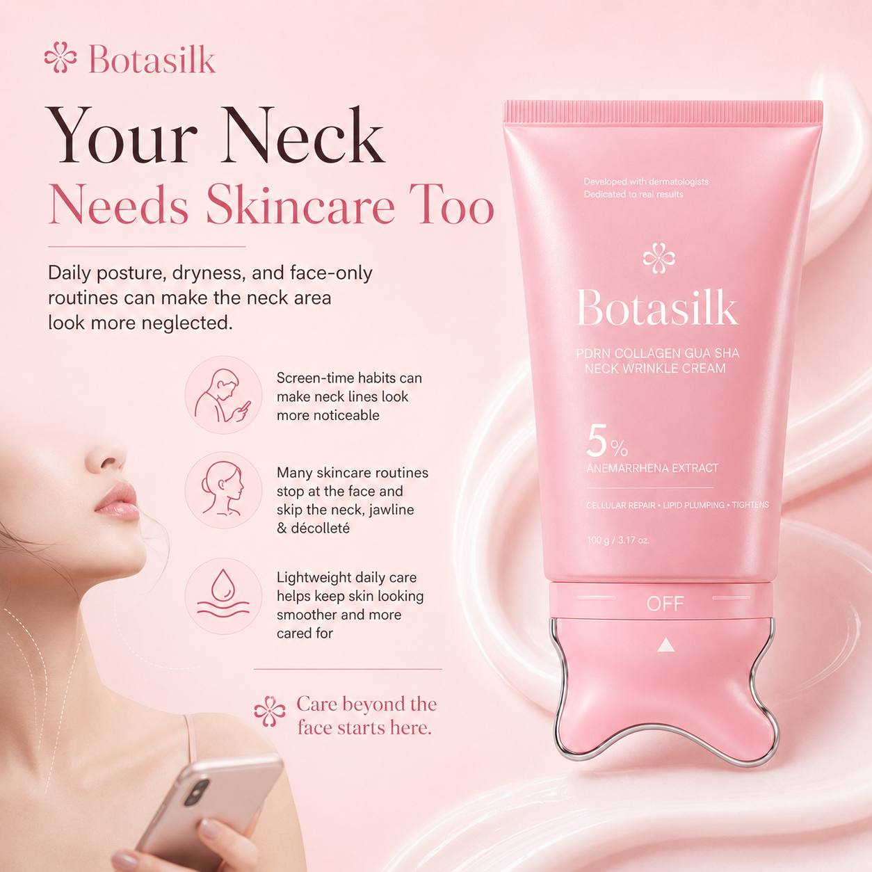 【NEW】Botasilk PDRN Collagen Neck Wrinkle Cream | Built-In Massager