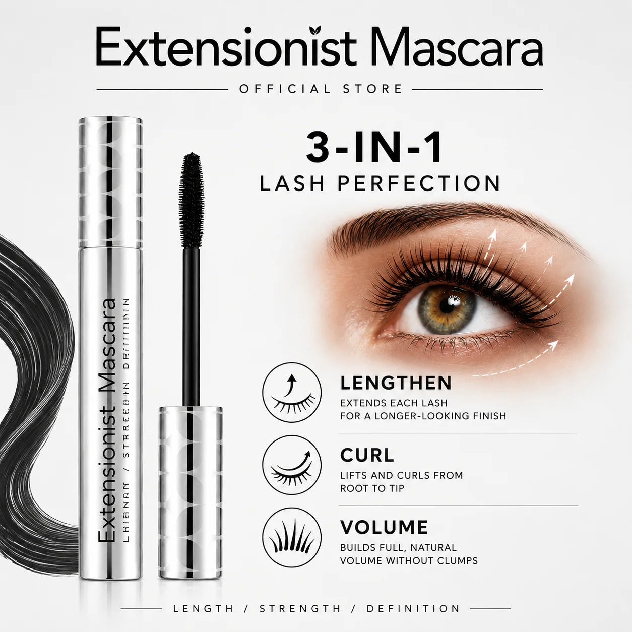 Three-in-one lash length curl and volume benefits