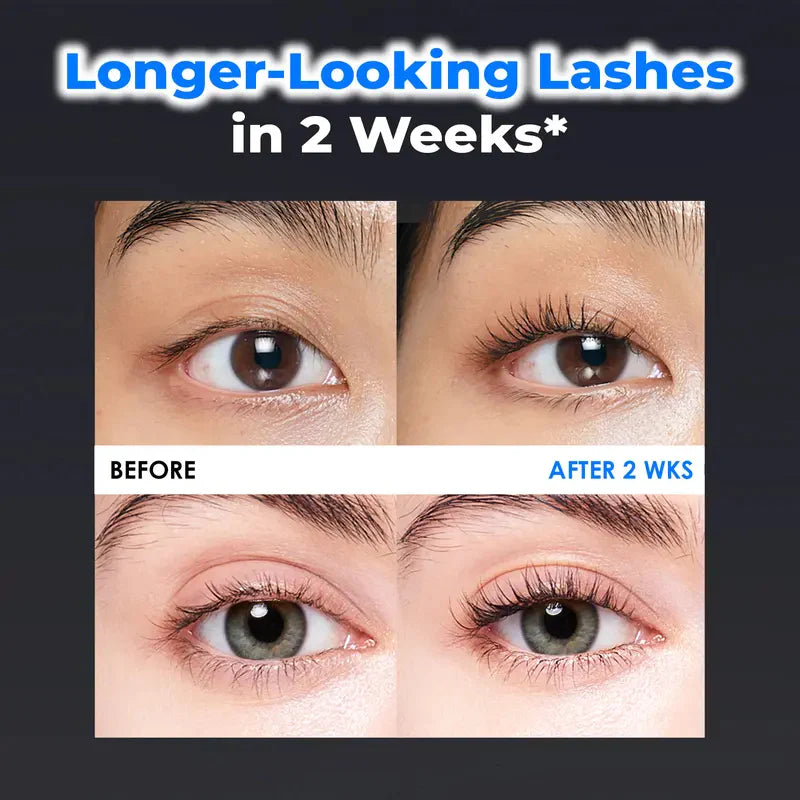Before and after appearance of longer-looking lashes